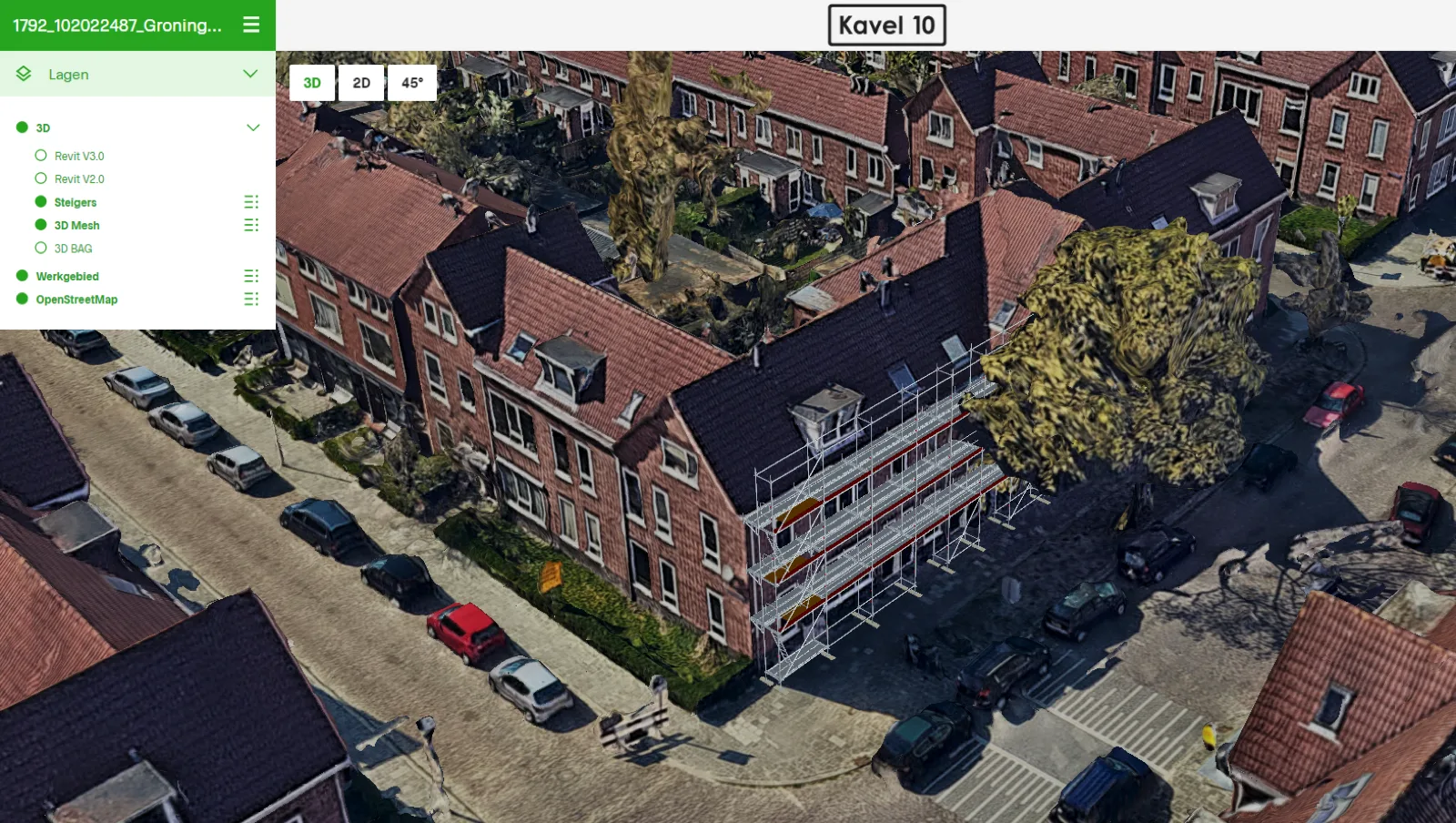 3D mesh van een woonbuurt in Vision 10 viewer — gebouwen en tuinen meetbaar en raadpleegbaar vanuit de browser