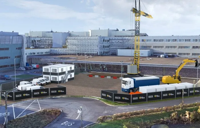 Oblieke luchtfoto van het MCL ziekenhuis Leeuwarden — 45 graden opname voor gevelinspectie en 3D modellering