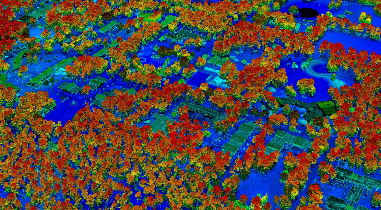 LiDAR puntenwolk van een bebost stedelijk gebied — hoge puntdichtheid voor nauwkeurige vegetatie- en maaiveldinformatie