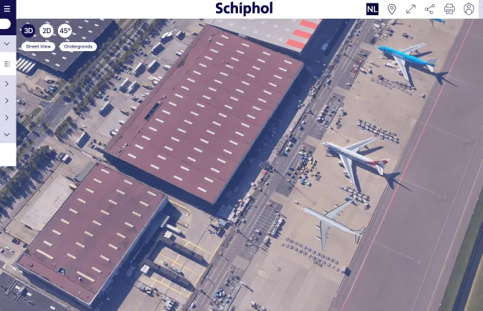 Schiphol 3D model — platformoverzicht met vliegtuigopstellingen